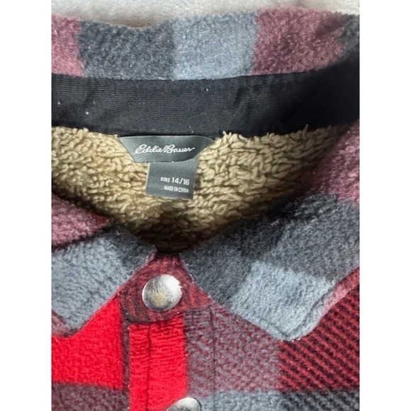 Eddie Bauer Kids Red Buffalo Plaid Sherpa Lined Fleece Shirt Jacket Size 14/16 - Picture 2 of 8